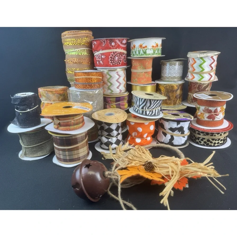 Lot Of 30+ Fall/Halloween Craft Wired Ribbon New & Used
